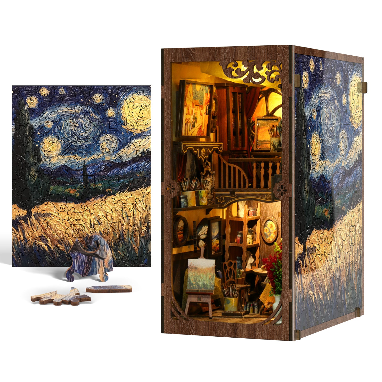 Book nook kit side view with open cabinet doors revealing miniature furniture
