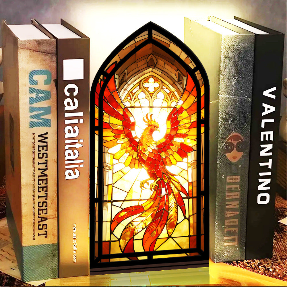 Stained-glass phoenix firebird display with glowing stained-glass phoenix, black frame