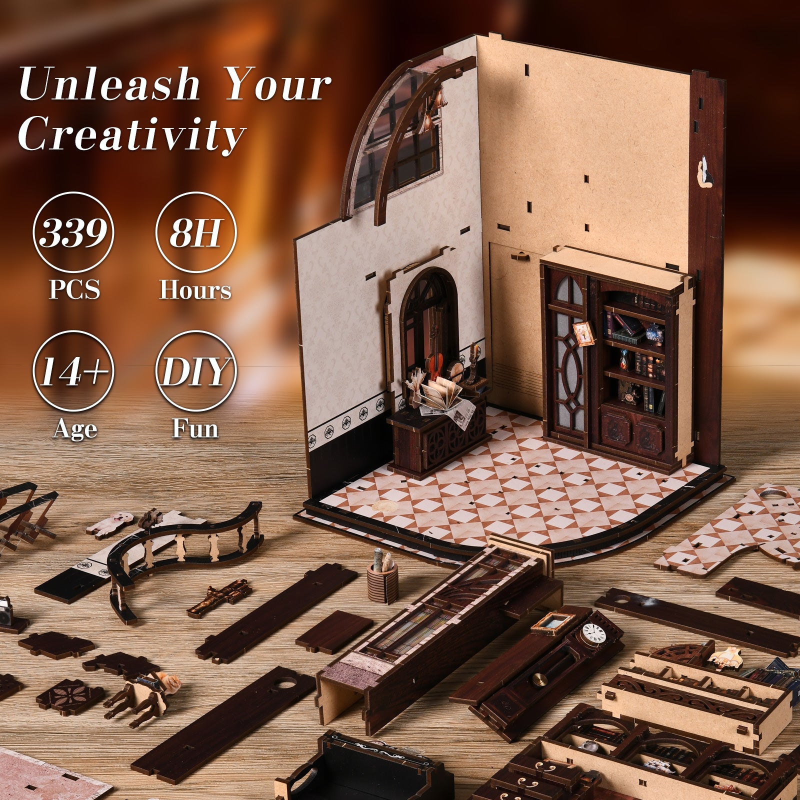 DIY miniature bookstore kit parts and unfinished facade with checkered tile floor.