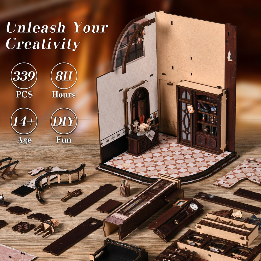 DIY miniature bookstore kit parts and unfinished facade with checkered tile floor.