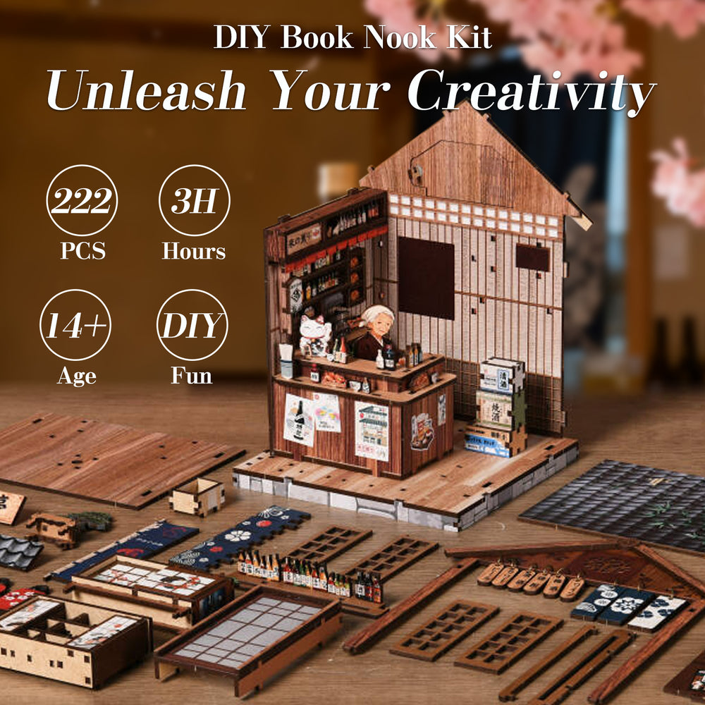 DIY book nook miniatures kit with mini pub house and tabletop accessory trays