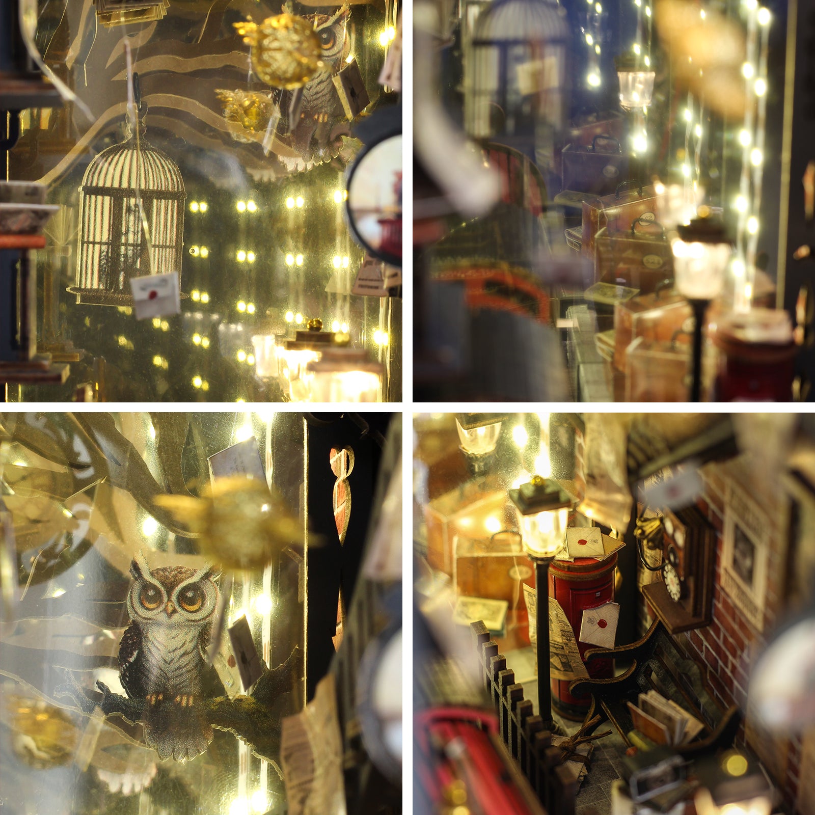 Miniature train diorama accessories with owl figurine and glowing light elements