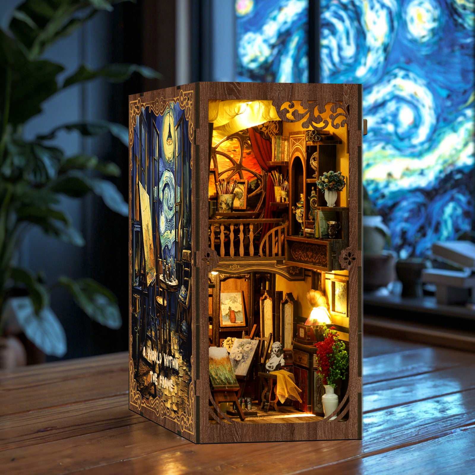 Book nook kit standing with open doors revealing miniature room and lamp light