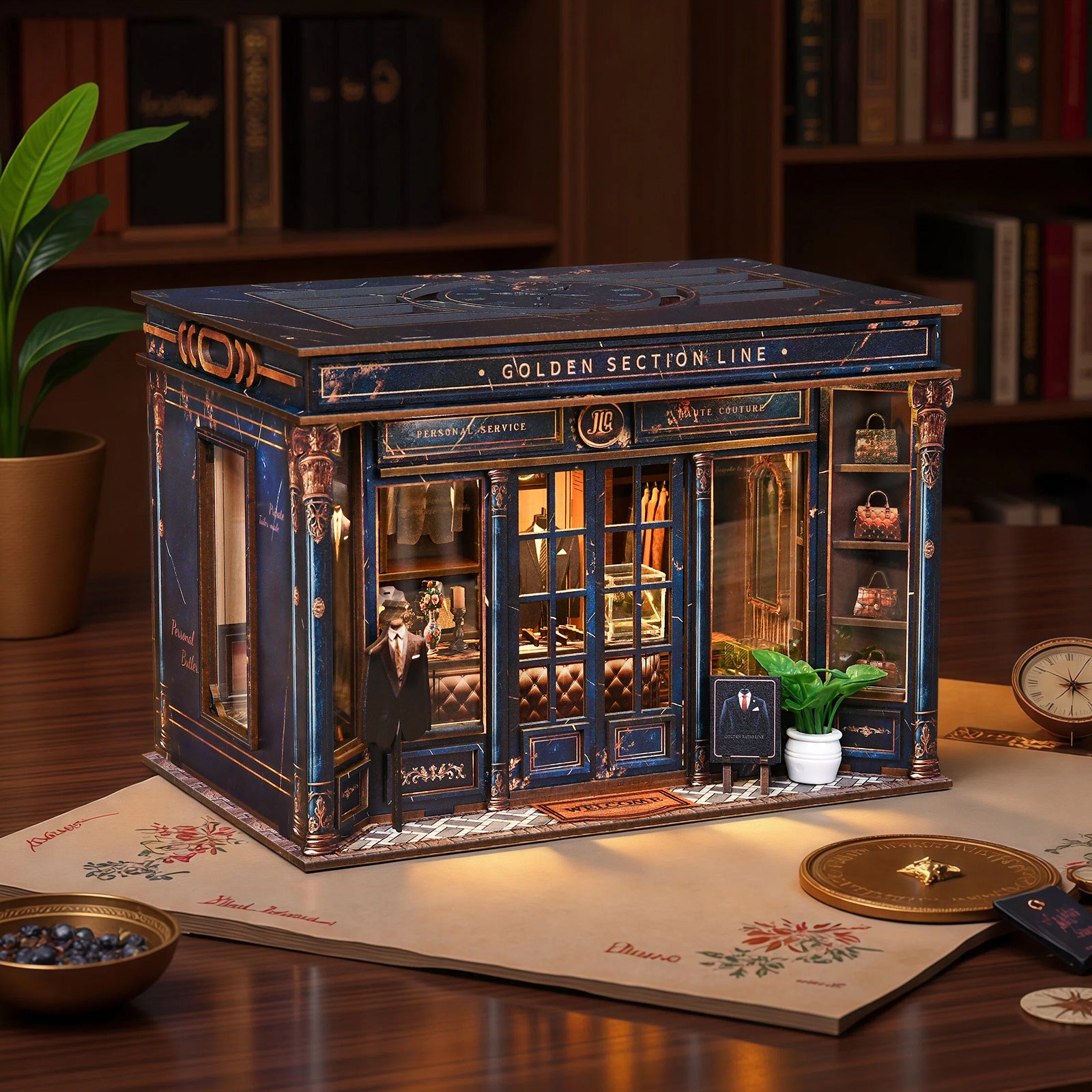 Miniature storefront dollhouse kit, dark blue exterior on a tabletop with open front details.