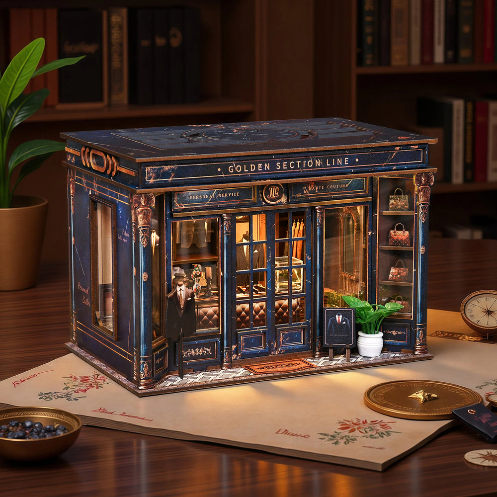 Miniature storefront dollhouse kit, dark blue exterior on a tabletop with open front details.
