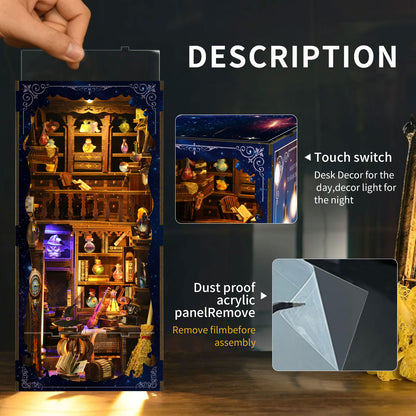 The image is a detailed description of a miniature dollhouse, featuring a hand holding a small figurine, a close-up view of the dollhouse interior, and a description of the dollhouse's features.