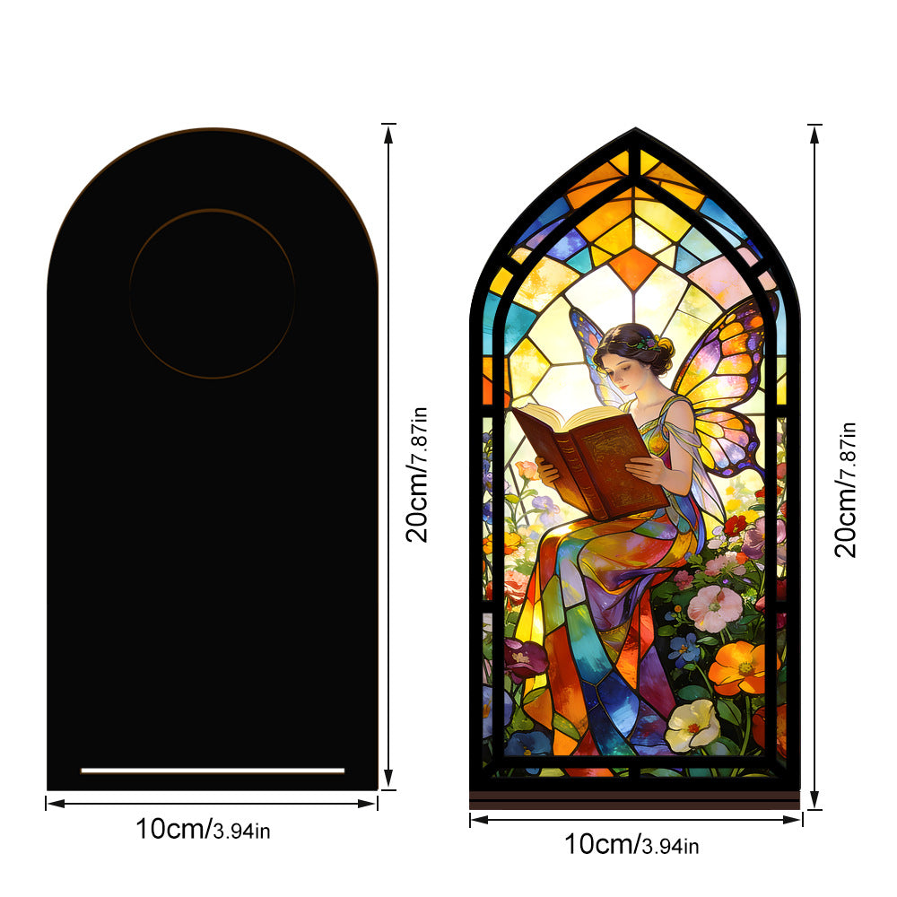 Stained glass fairy book nook size diagram with arched reading panel and base dimensions