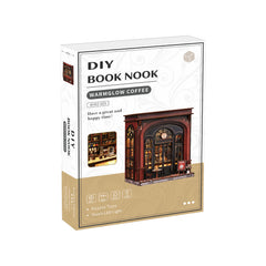DIY miniatures kit box for a book nook coffee shop, with product image on front