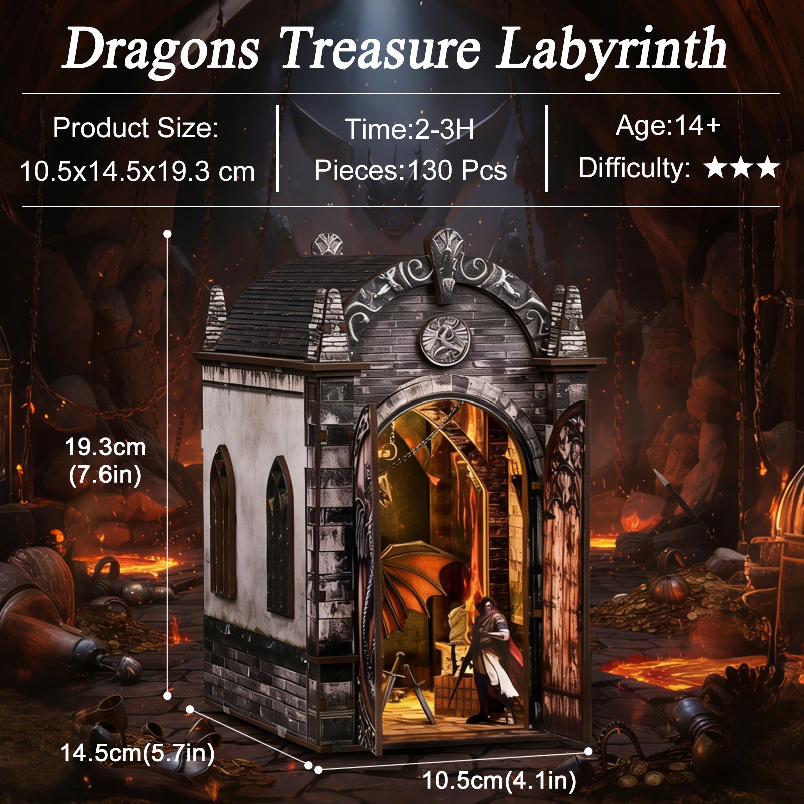 DIY booknook kit product size graphic with house illustration and measurements