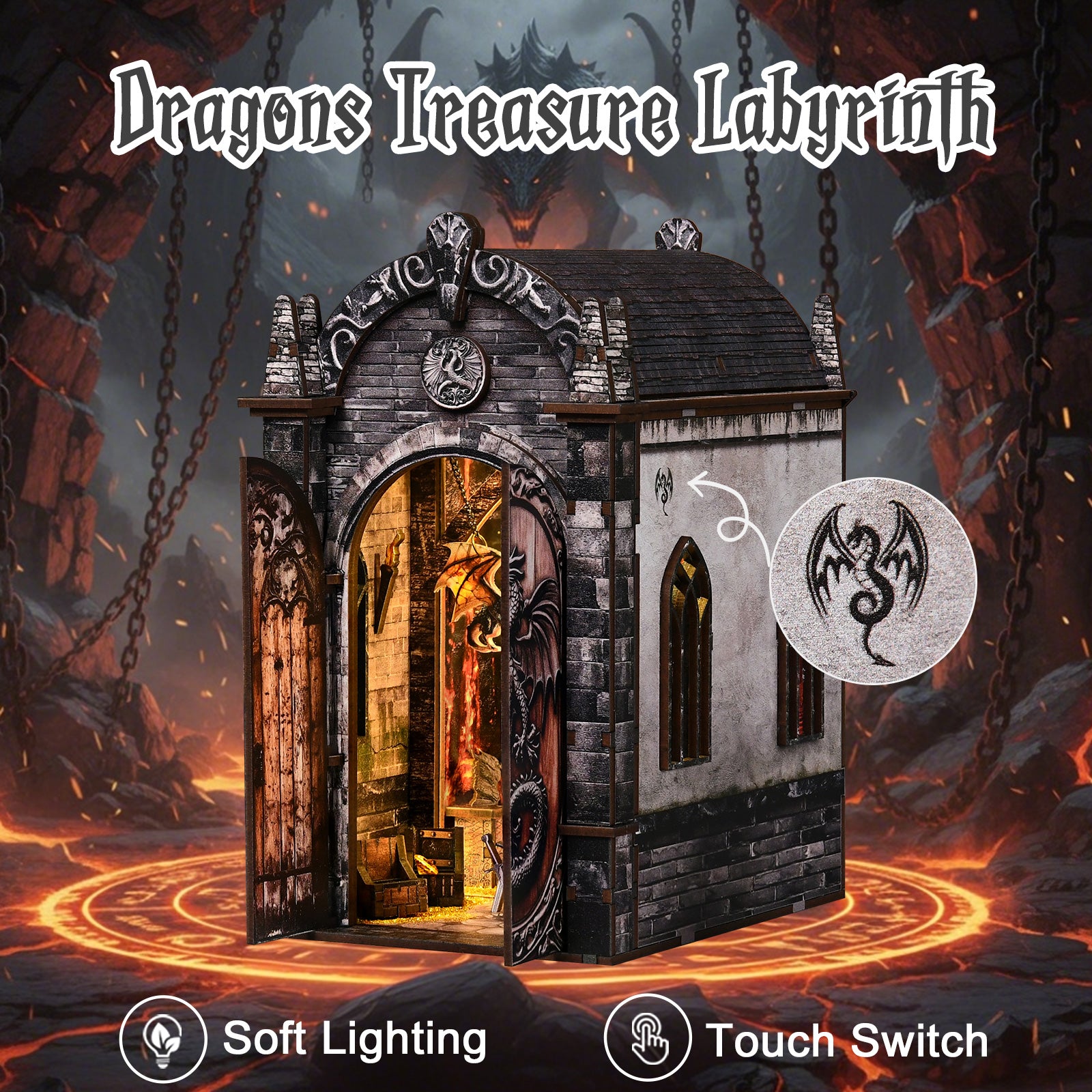 Dragon Treasure Labyrinth DIY booknook kit with chained facade and dragon emblem