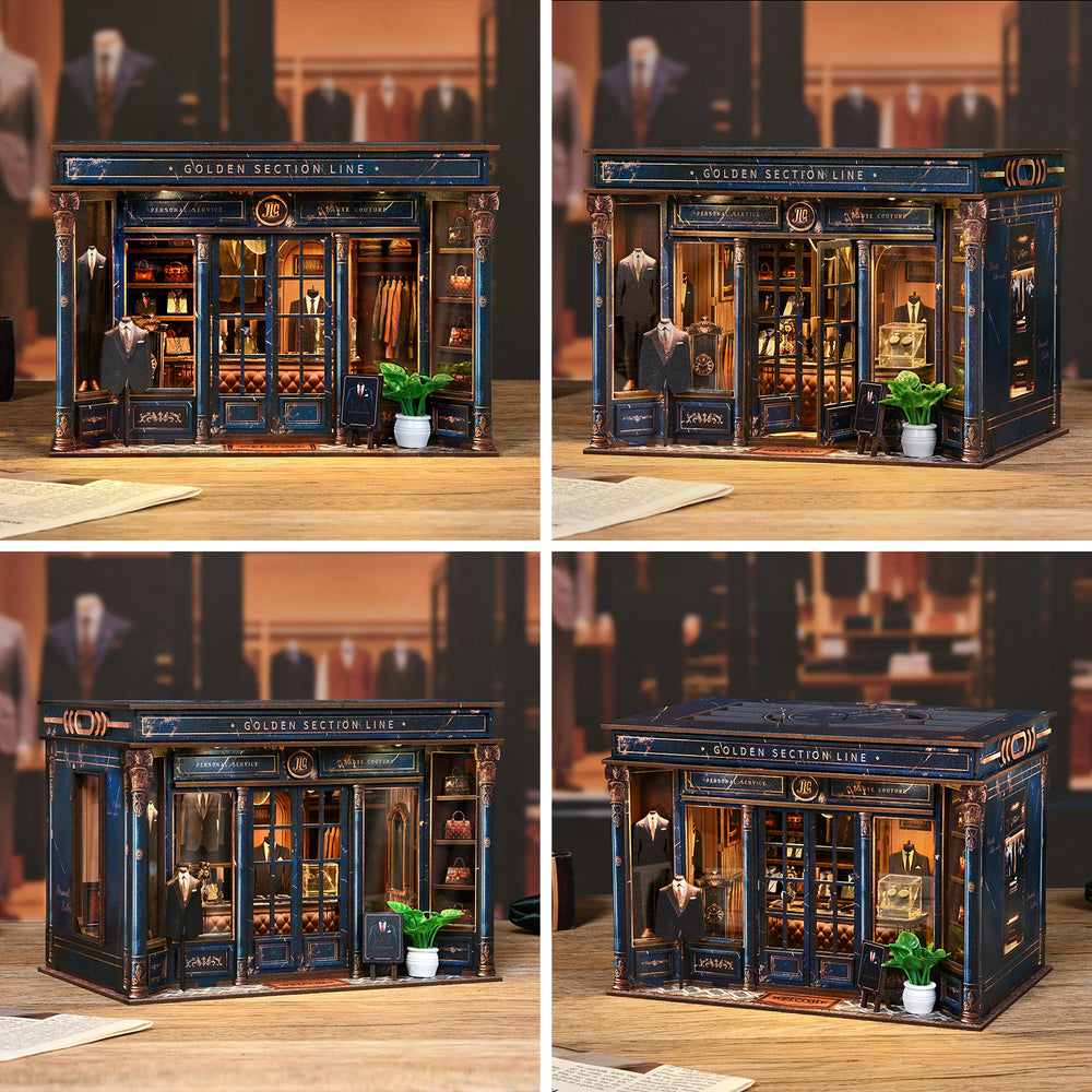 Miniature storefront dollhouse kit set, dark blue house shown in four angles.