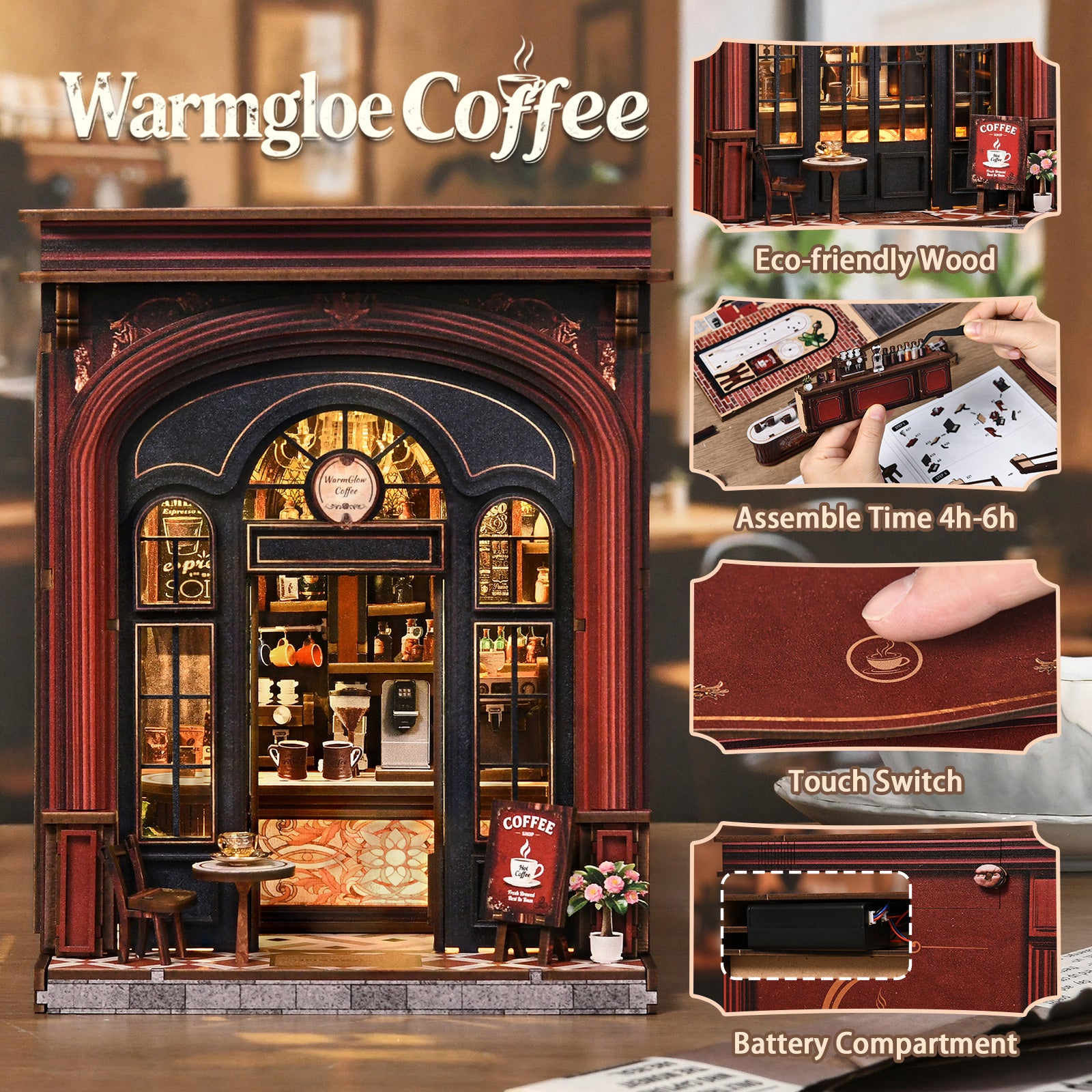 DIY book nook coffee shop miniature with instruction-style diagrams and components