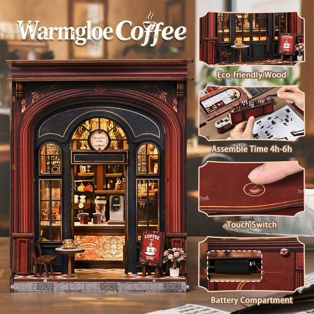 DIY book nook coffee shop miniature with instruction-style diagrams and components