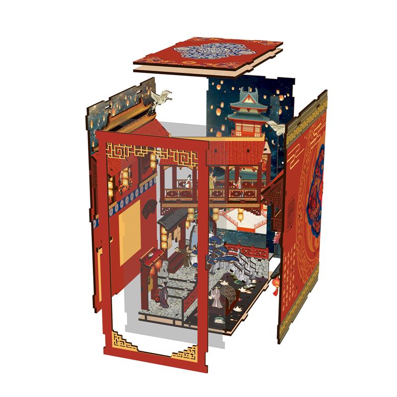 DIY book nook kit, open Tang-style building structure with courtyard, roof, and glowing lamps