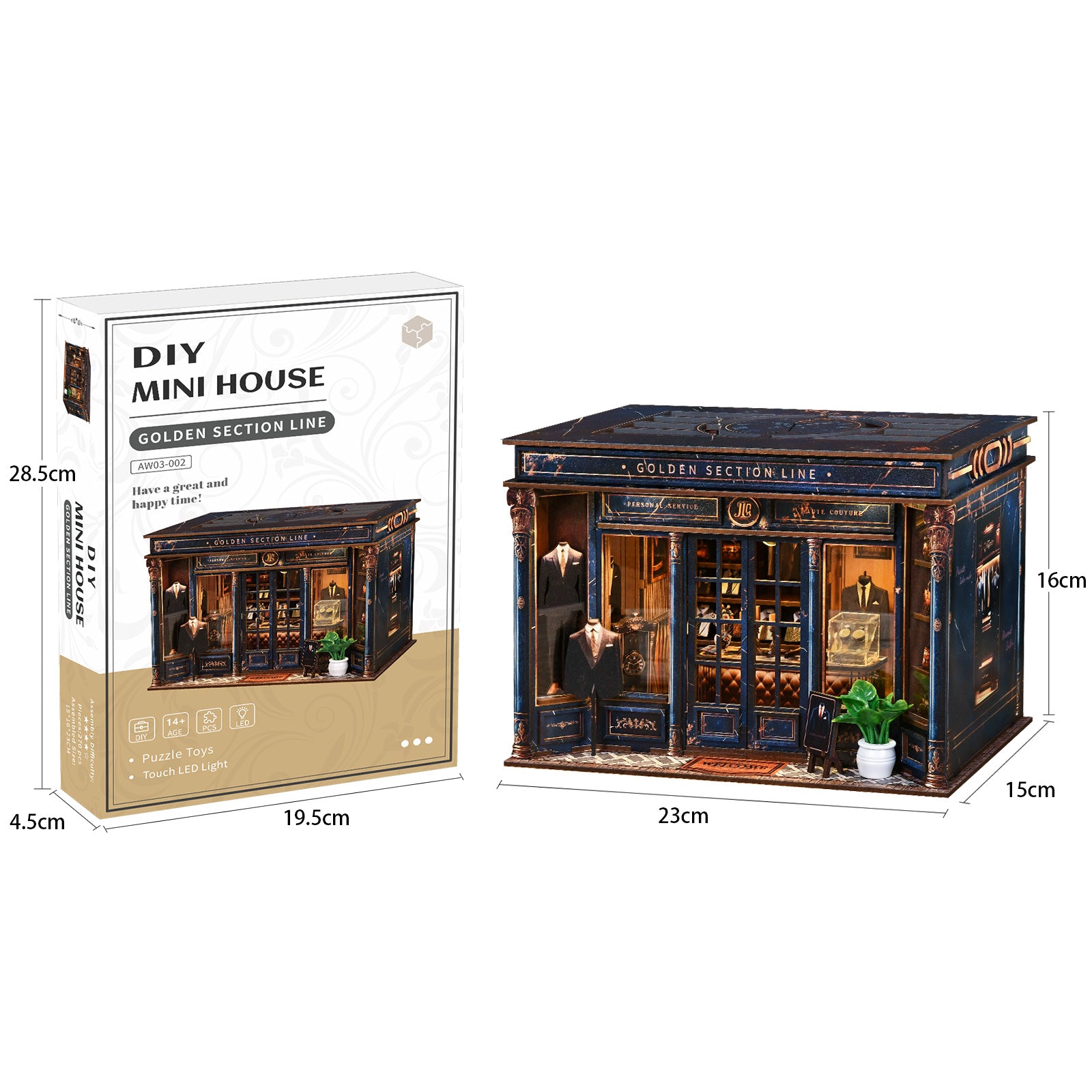 DIY mini dollhouse kit in printed box, showing dark blue miniature house model.