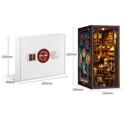DIY book nook kit carton box with dimensions and miniature room artwork