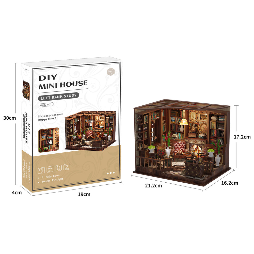 DIY mini house kit box with small wooden display house and lit dining room interior