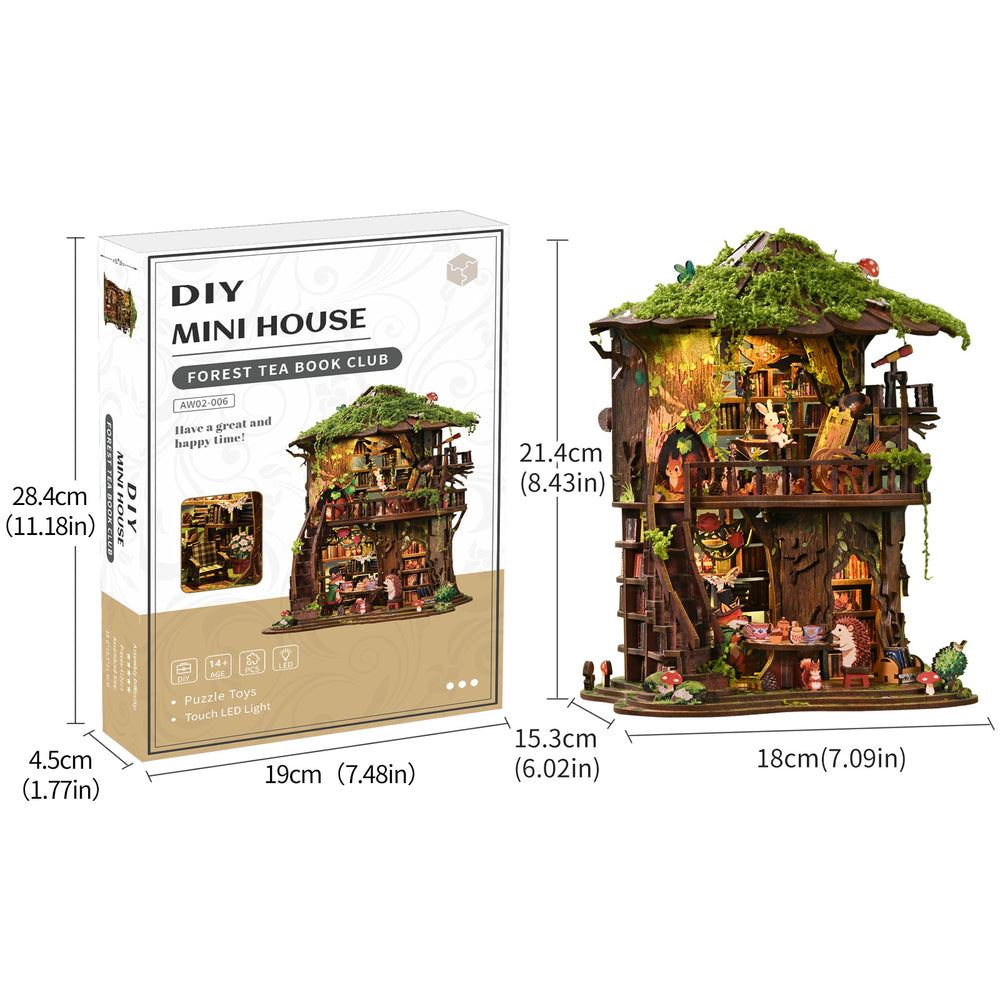 DIY mini house kit package with assembled moss-roof treehouse model