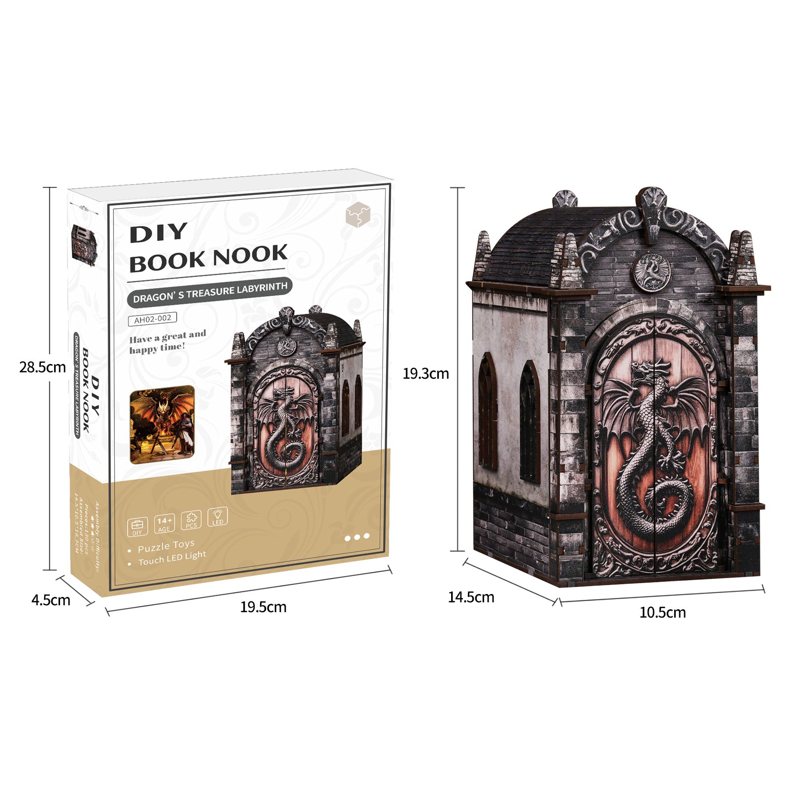 DIY booknook kit box with labyrinth house model and size diagram
