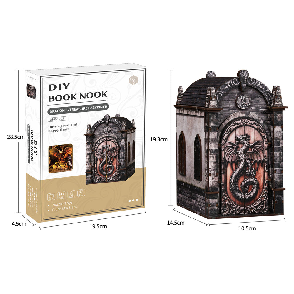 DIY booknook kit box with labyrinth house model and size diagram
