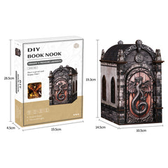 DIY booknook kit box with labyrinth house model and size diagram