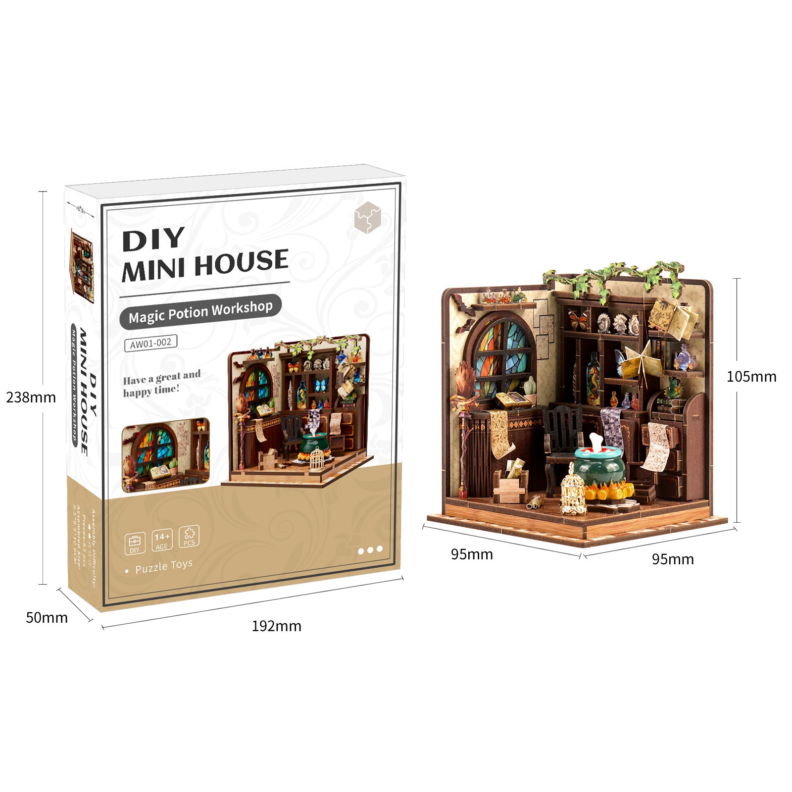 DIY miniature house kit box with dimensions beside the assembled miniature room on display