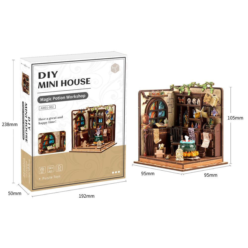 DIY miniature house kit box with dimensions beside the assembled miniature room on display