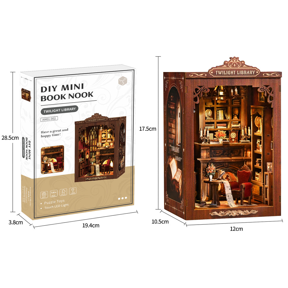 DIY mini book nook kit box showing Twilight Library miniature house front and side views
