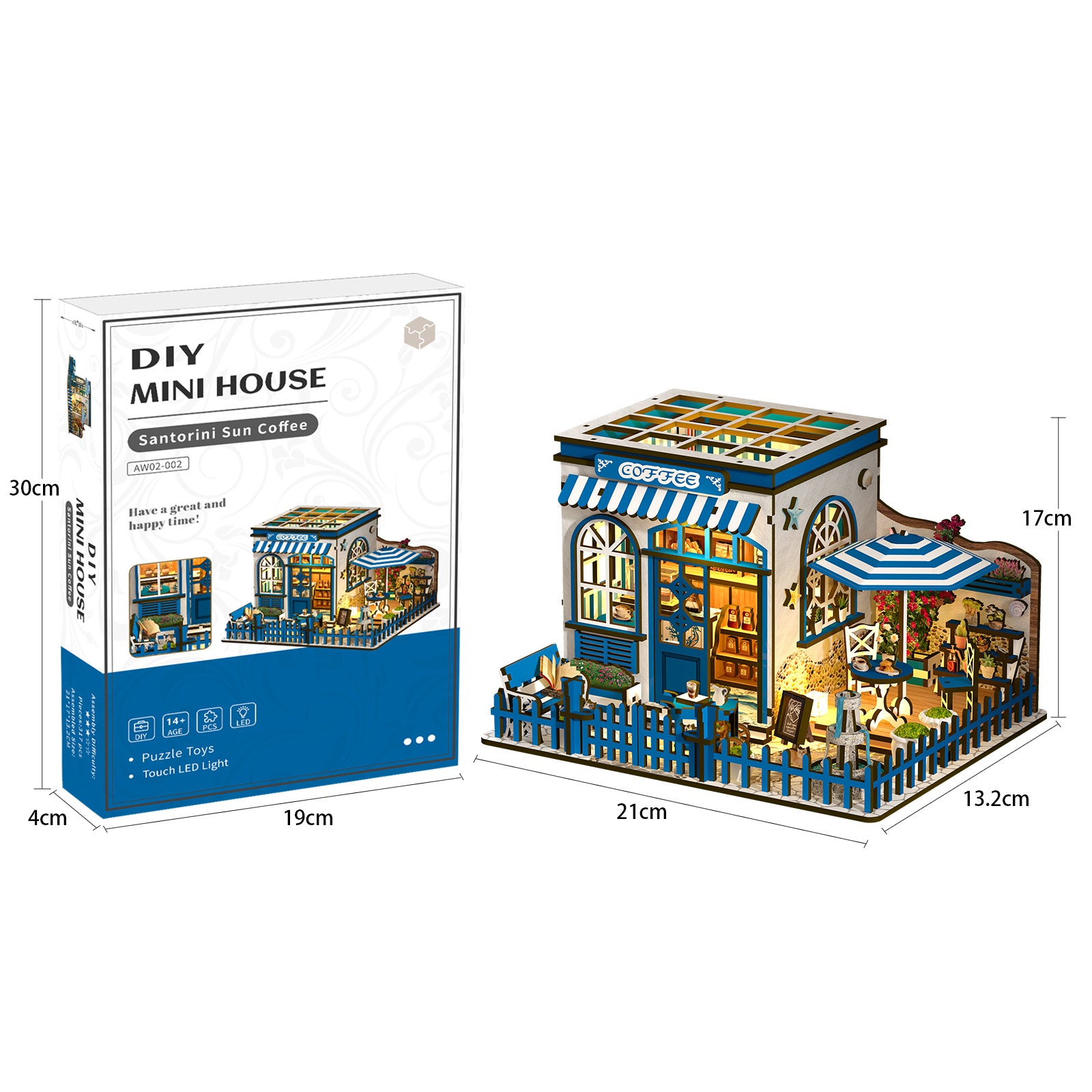 DIY miniatures kit with blue coffee shop house model and product box