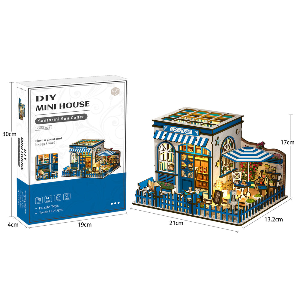 DIY miniatures kit with blue coffee shop house model and product box