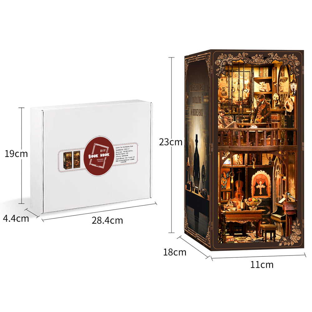 DIY book nook kit with white outer box and glowing miniature display case