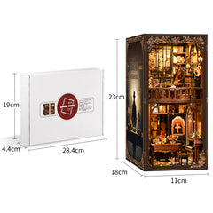 DIY book nook kit with white outer box and glowing miniature display case