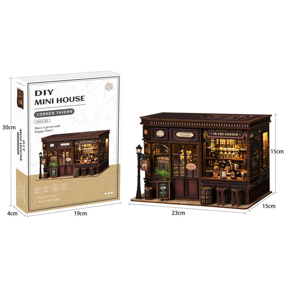 DIY miniature tavern storefront model with packaging box showing overall dimensions.