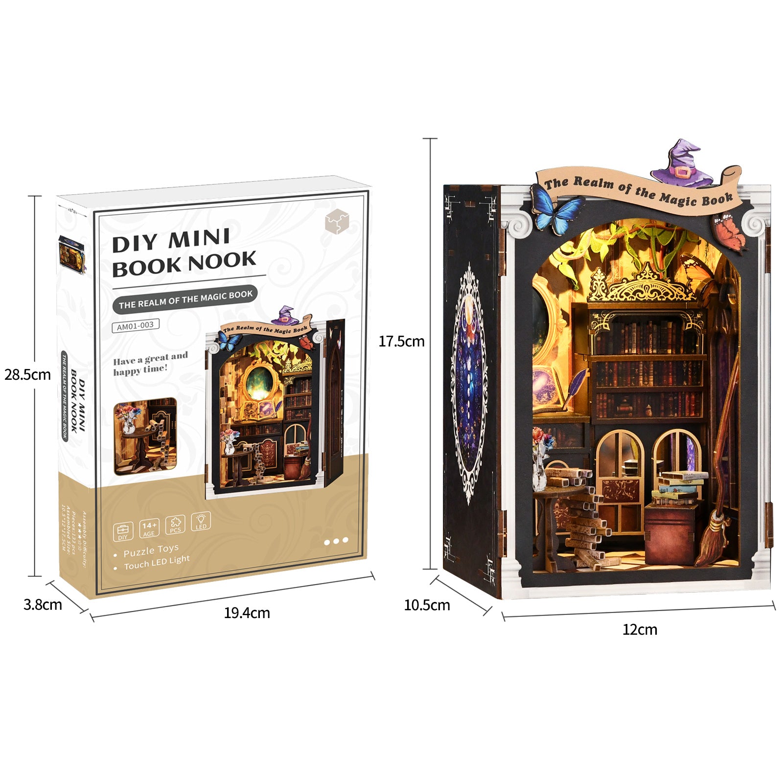 DIY miniatures kit packaging showing mini book nook building and measurements