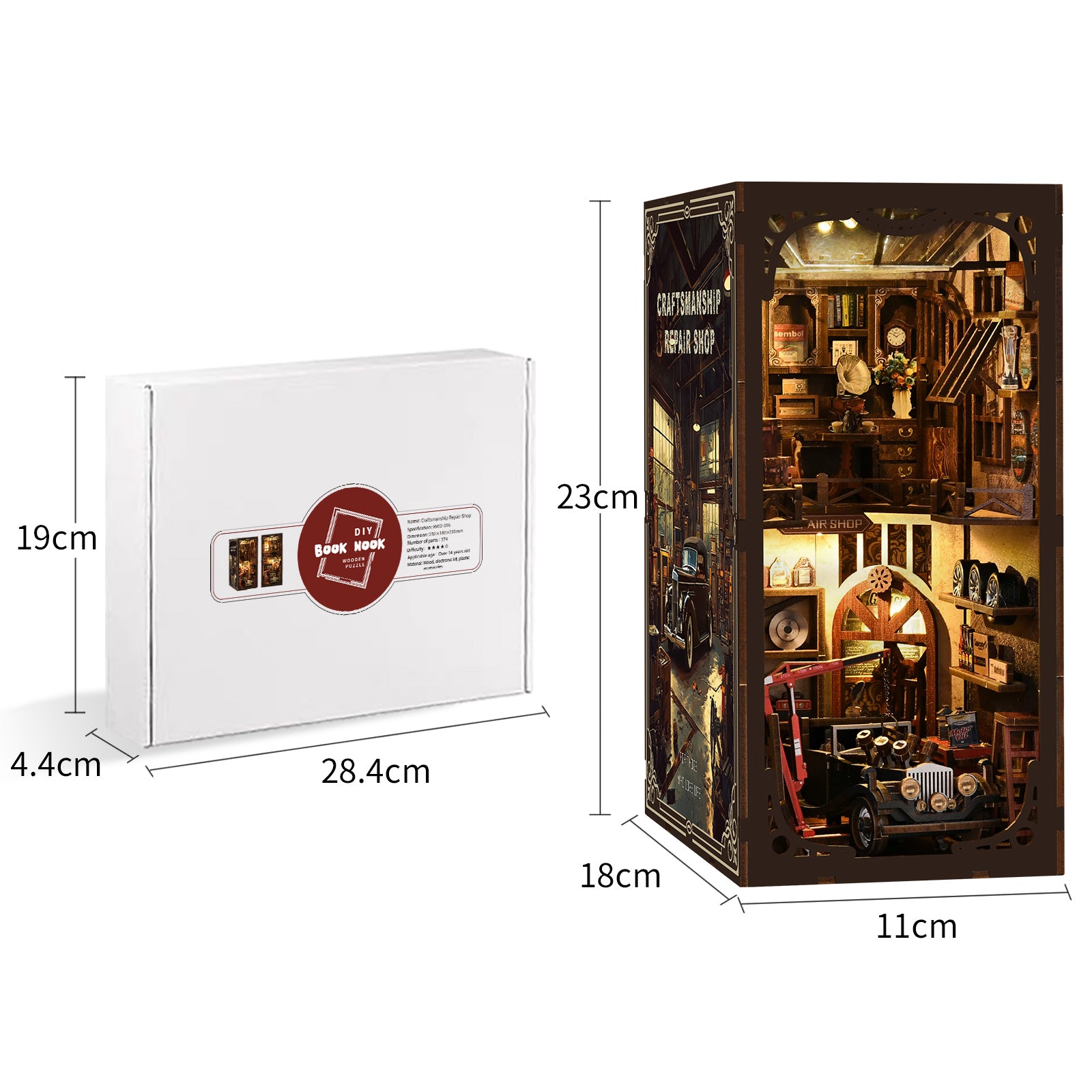 DIY kit box with a front window panel and size markings; dark shop badge logo