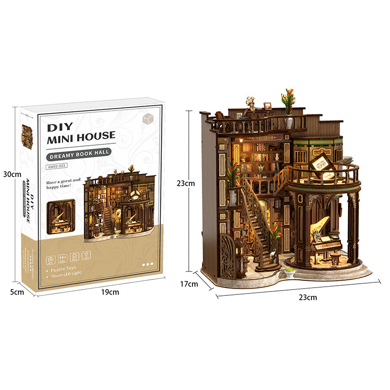 DIY mini house kit box and assembled miniature library hall shown with size diagrams