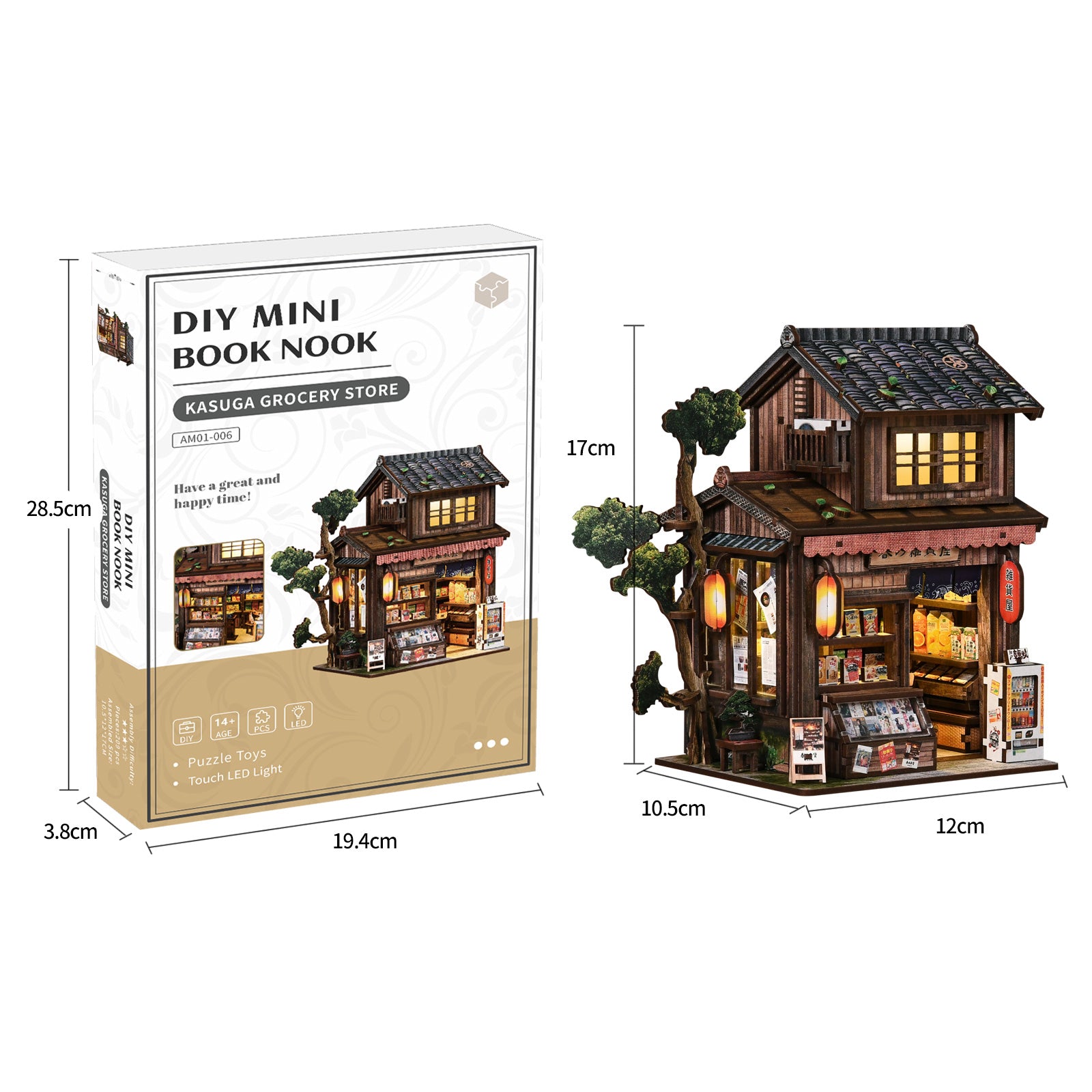 DIY mini book nook kit box with miniature grocery store model pictured