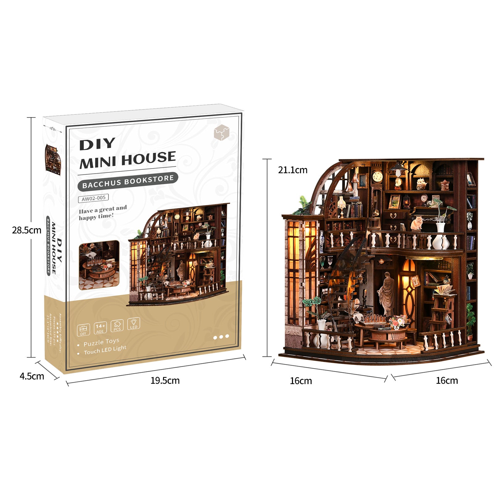 DIY mini house kit box showing a miniature wooden bookstore model with shelves