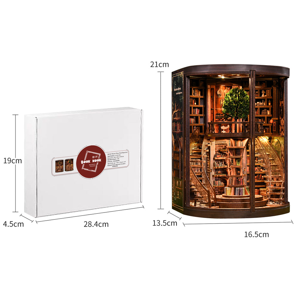 Miniature book repository kit in rectangular box beside the wooden display case
