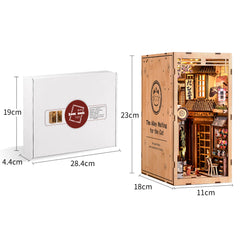Wooden DIY book nook kit packaging with size diagram and illustrated door panel