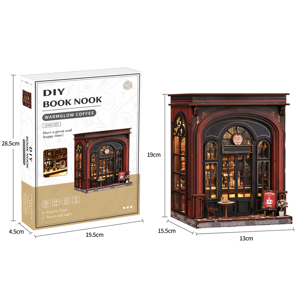 DIY book nook kit box showing miniature arched coffee shop and product dimensions