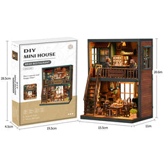 Bear restaurant DIY mini house kit box with open display showing two-level miniature rooms