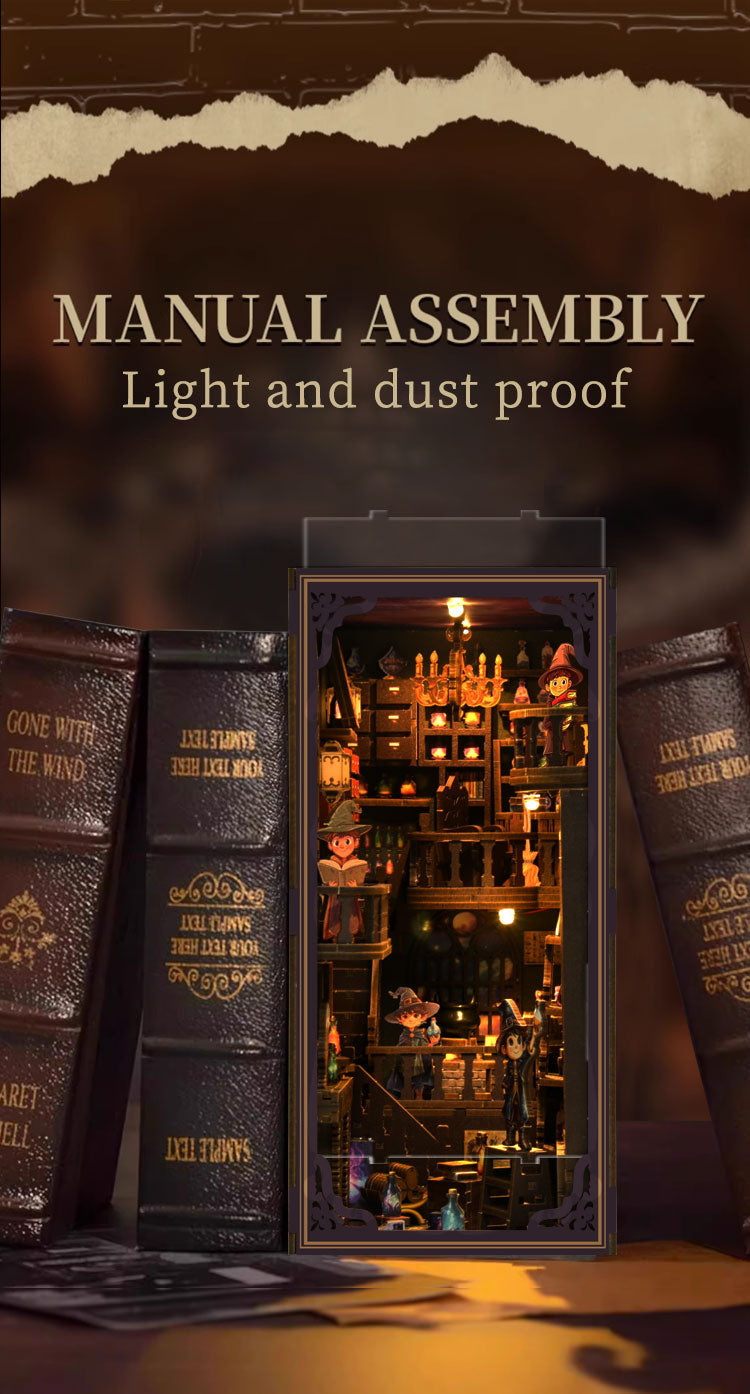 The image is a manual assembly with a miniature diorama of a small village, featuring a clock tower, books, and other small figures.