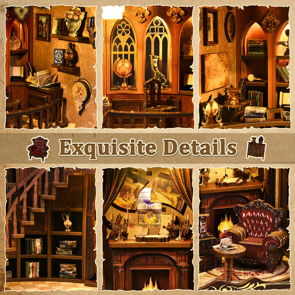DIY miniatures kit interior detail collage with book nook rooms and furniture closeups