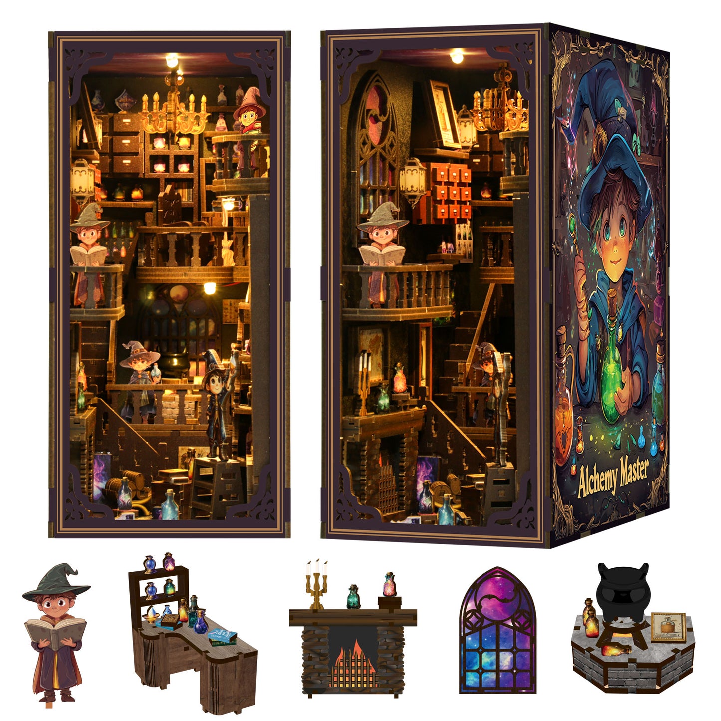 The image is a collage of various items related to a fantasy setting, including a miniature dollhouse, a bookshelf, a desk, a stained glass window, and a character with a hat.