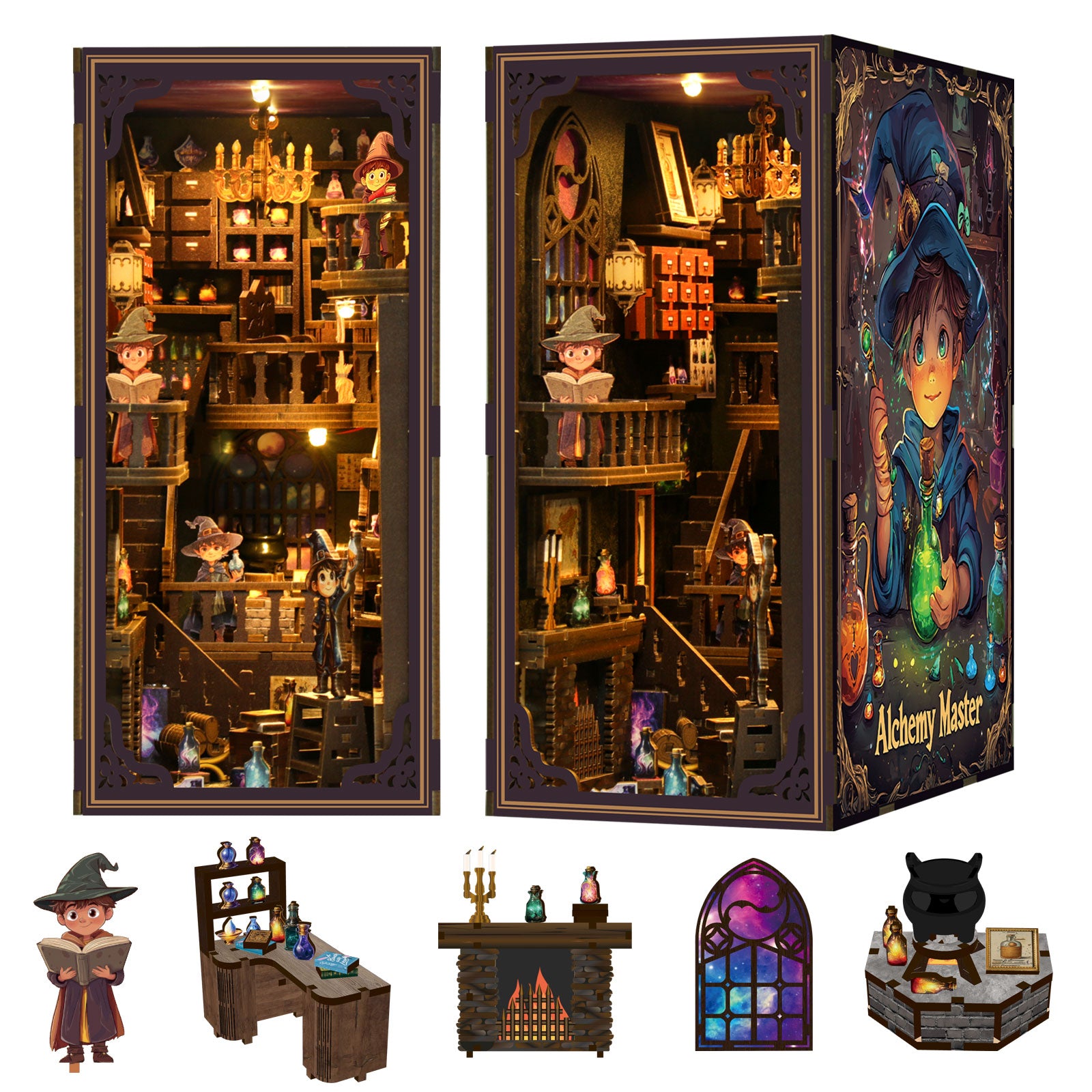 The image is a collage of various items related to a fantasy setting, including a miniature dollhouse, a bookshelf, a desk, a stained glass window, and a character with a hat.