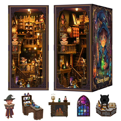 The image is a collage of various items related to a fantasy setting, including a miniature dollhouse, a bookshelf, a desk, a stained glass window, and a character with a hat.