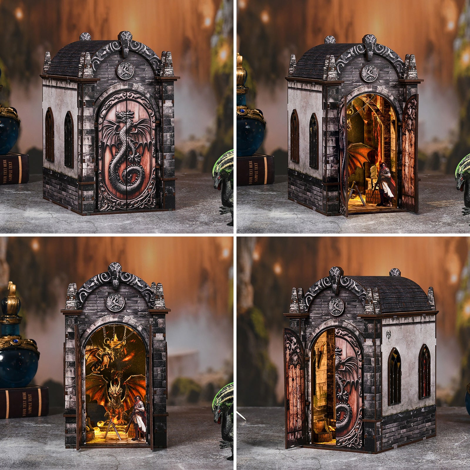 Dragon booknook labyrinth house model shown from multiple angles