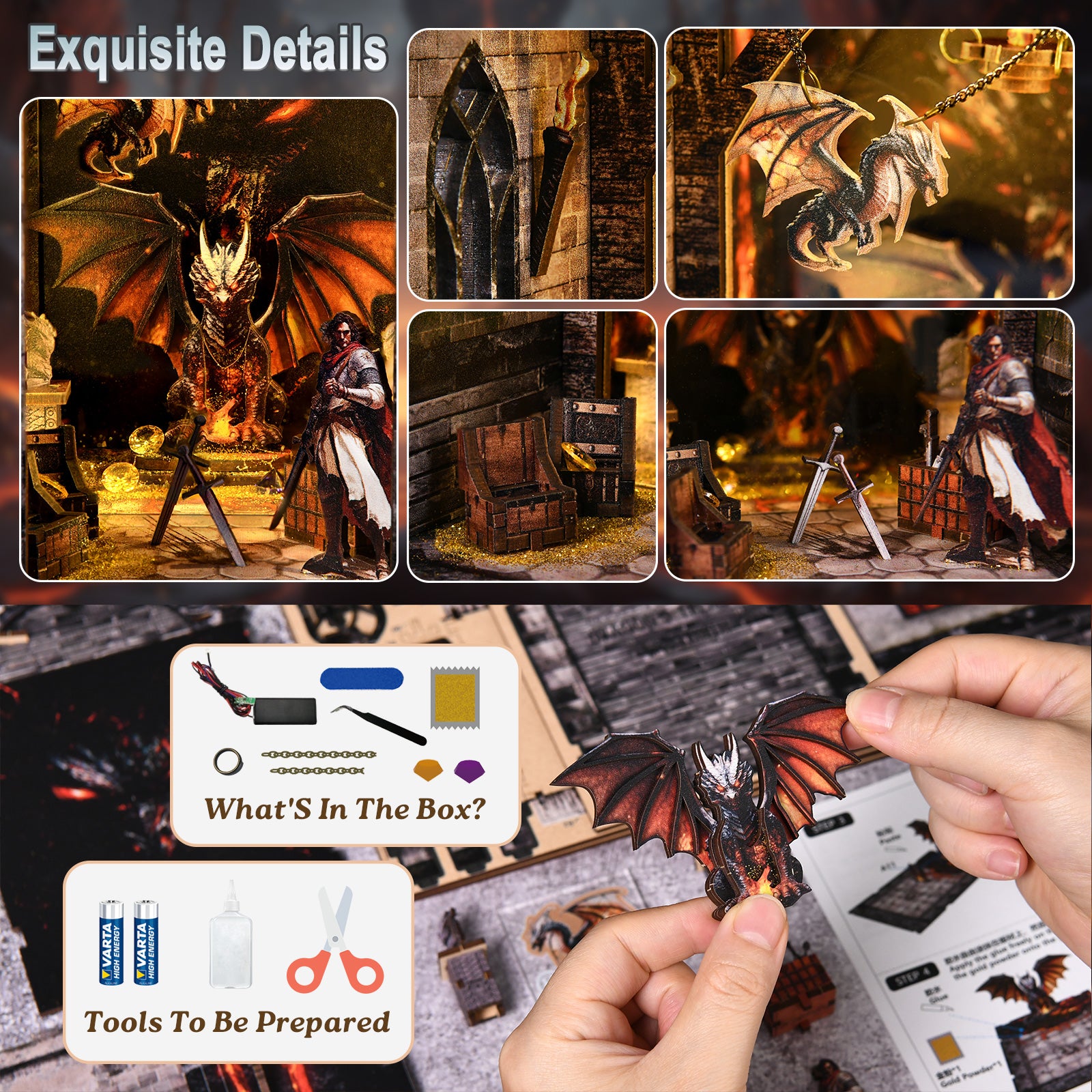 DIY booknook kit parts and tools with dragon-themed puzzle pieces