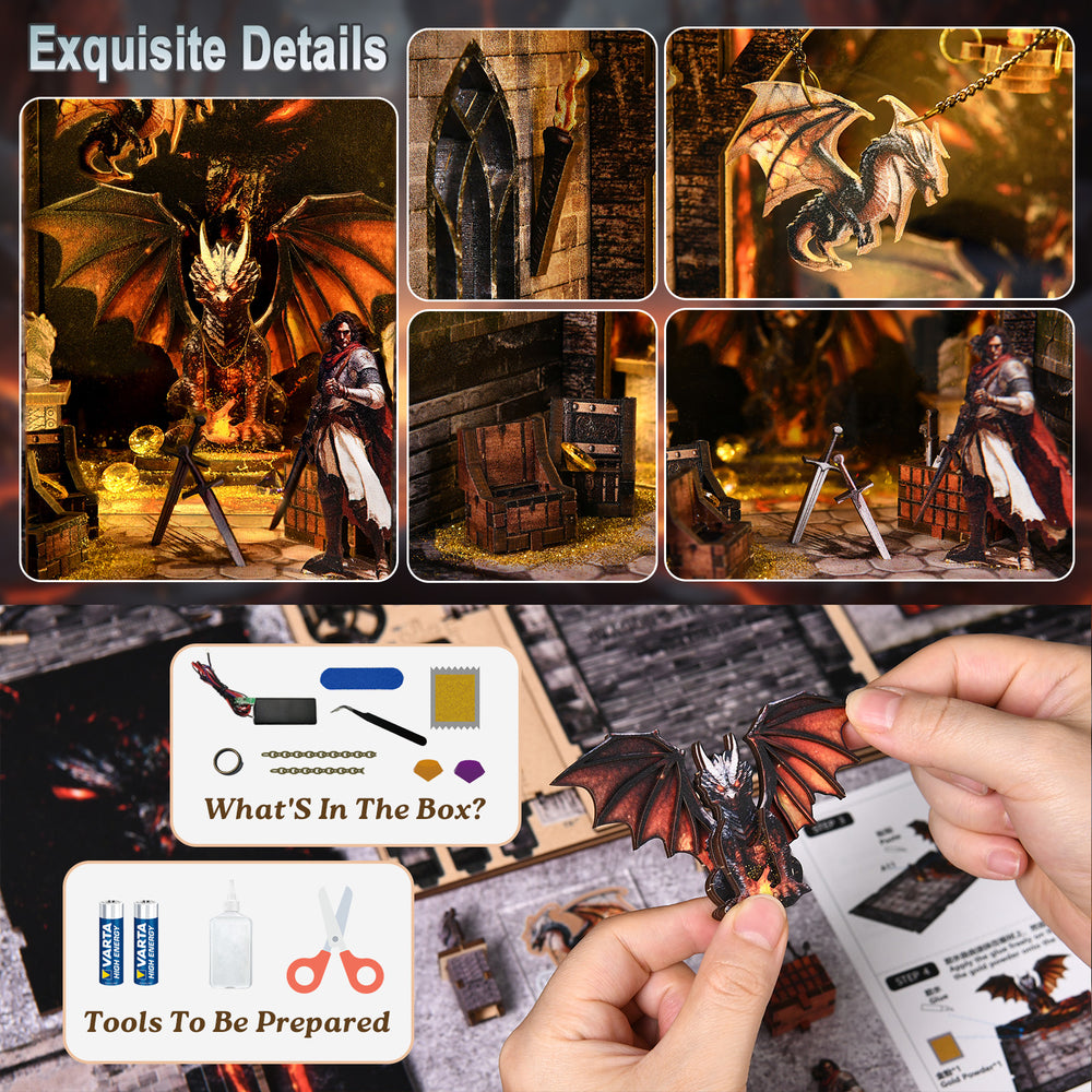 DIY booknook kit parts and tools with dragon-themed puzzle pieces